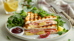 Toast Hawaii aus dem Sandwichtoaster auf einem Teller, serviert mit Preiselbeeren und Salat.