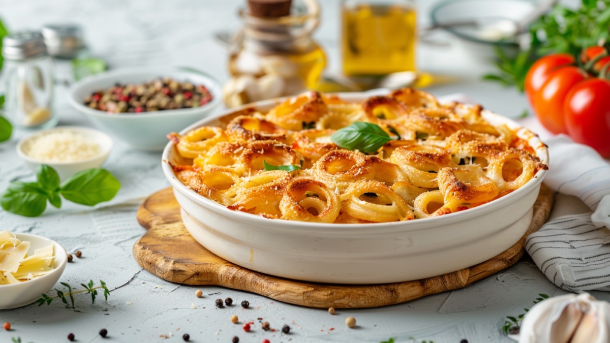 Anelletti al forno in weißer Auflaufform