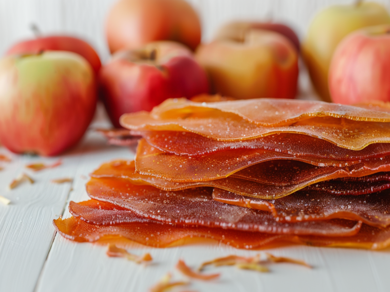 Mehrere Blätter Apfel-Fruchtleder auf einem hellen Untergrund. Im Hintergrund sind unscharf einige Äpfel zu erkennen.