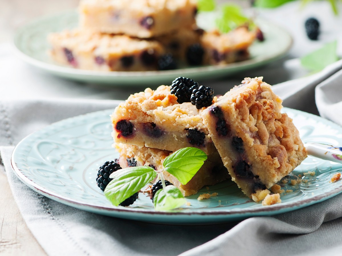 Brombeer-Blondies auf einem hellblauen Teller. Davor liegt ein Zweig Minze.