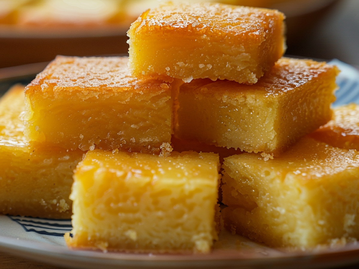 Mehrere Stücke Butter-Mochi auf einem Teller.