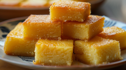 Mehrere Stücke Butter-Mochi auf einem Teller.