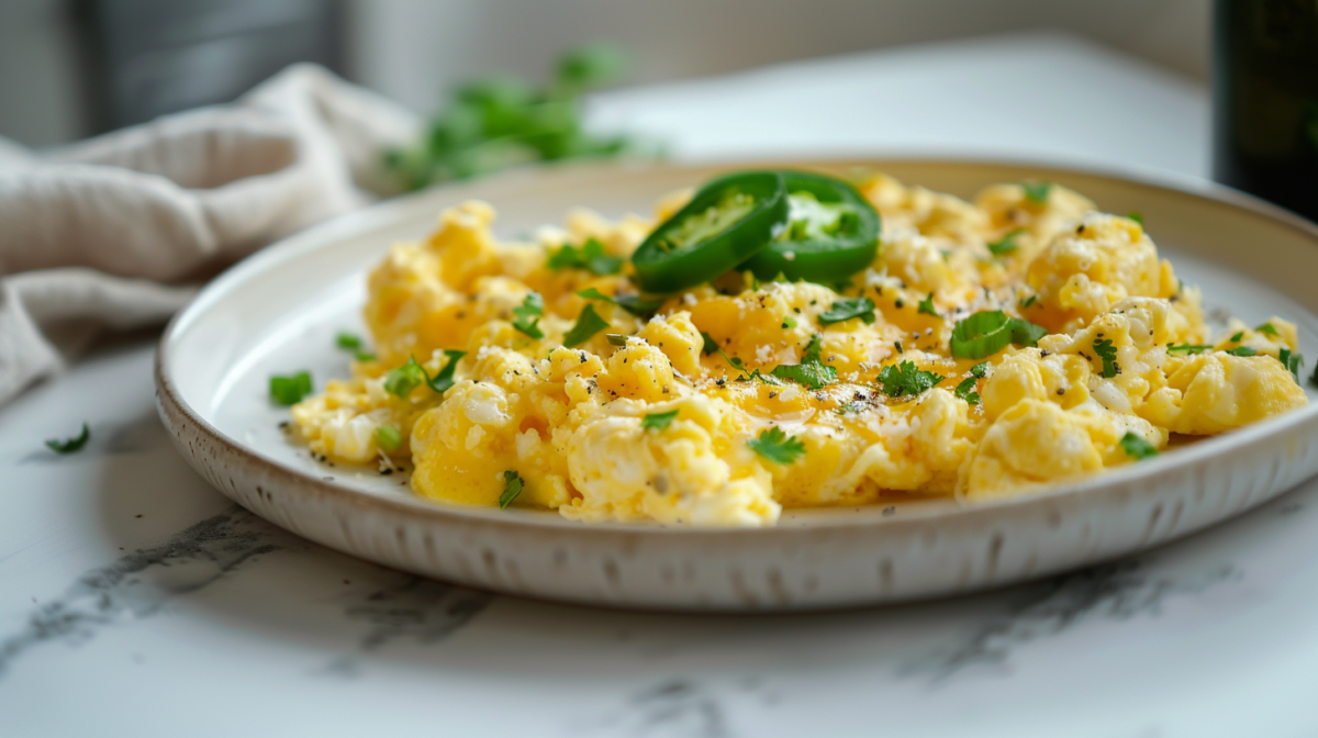 Chili Cheese Rührei auf einem weißen Teller, garniert mit Jalapeños.