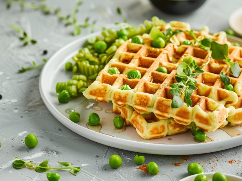 Erbsen-Waffeln auf einem weißen Teller mit Erbsen als Deko.