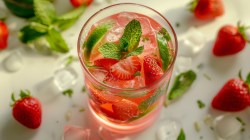 Ein Glas Erdbeer-Mojito mit Eis, Erdbeeren, Limettenscheiben und Minze, drumherum Erdbeeren und Minze, Nahaufnahme.