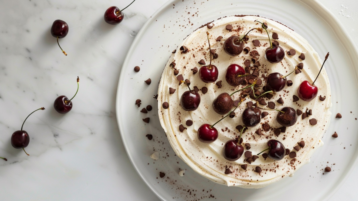 Kuchen mit Sahne und Kirschen auf weißem Hintergrund