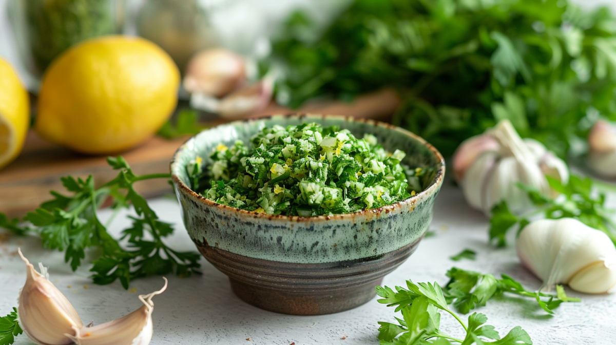 Eine Schüssel Gremolata, drumherum frische Petersilie, Zitronen und Knoblauch.