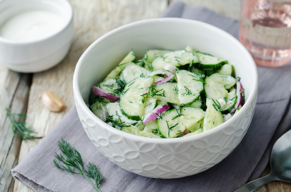 Eine weiße Schüssel mit Holsteiner Gurkensalat mit Dill und Schalotten, daneben eine Schüssel Joghurt. Nahaufnahme.