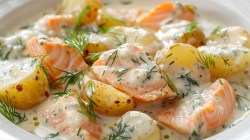 Teller mit Kartoffeln in Dill-Sahnesoße