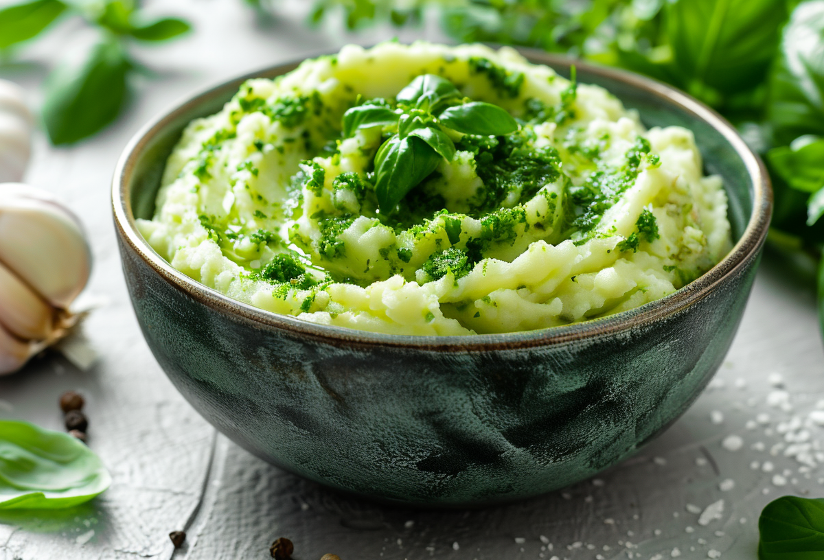 Eine Schüssel Kartoffelpüree mit Kräuterpesto, drumherum Basilikum und Knoblauch, Nahaufnahme.