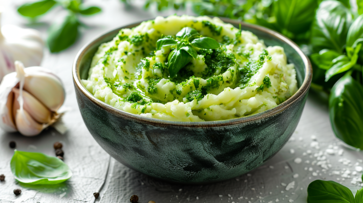 Eine Schüssel Kartoffelpüree mit Kräuterpesto, drumherum Basilikum und Knoblauch, Nahaufnahme.