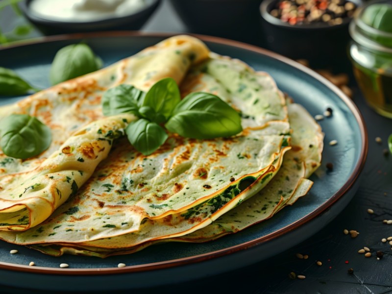 Kräuter-Käse-Blinis auf einem Teller, garniert mit frischem Basilikum.