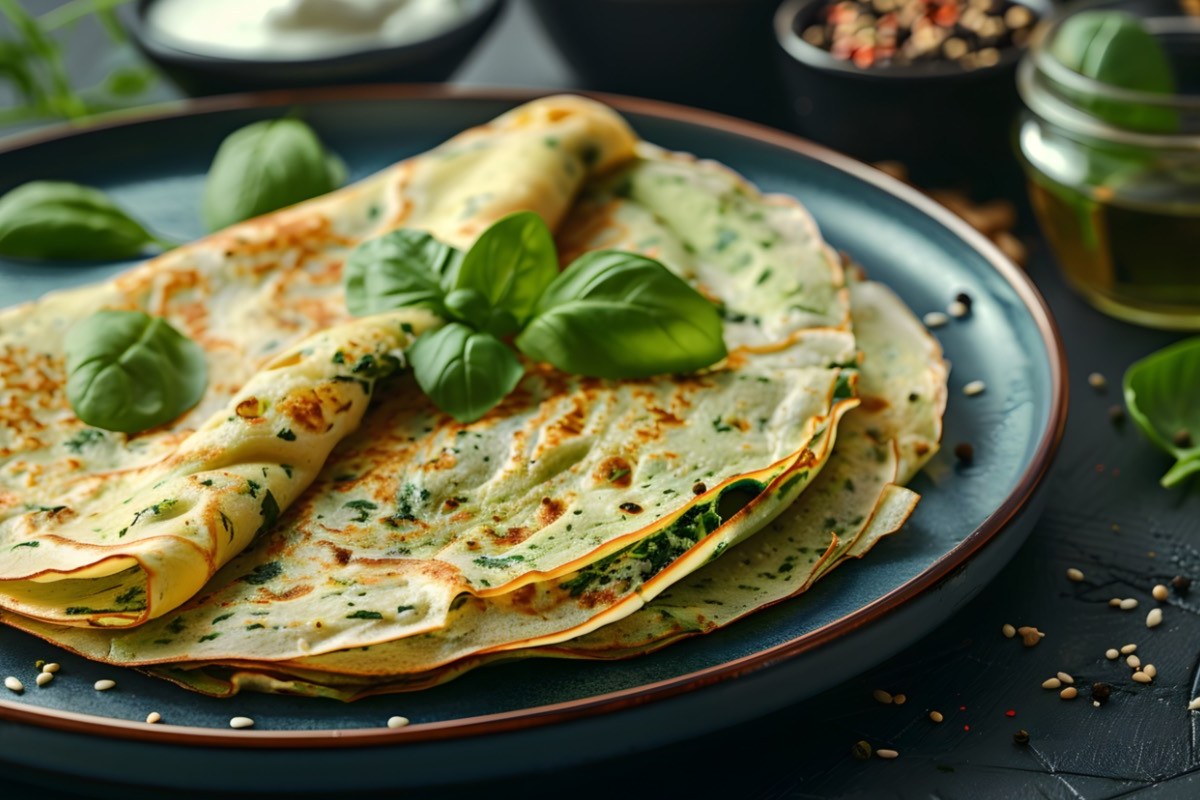 Kräuter-Käse-Blinis auf einem Teller, garniert mit frischem Basilikum.