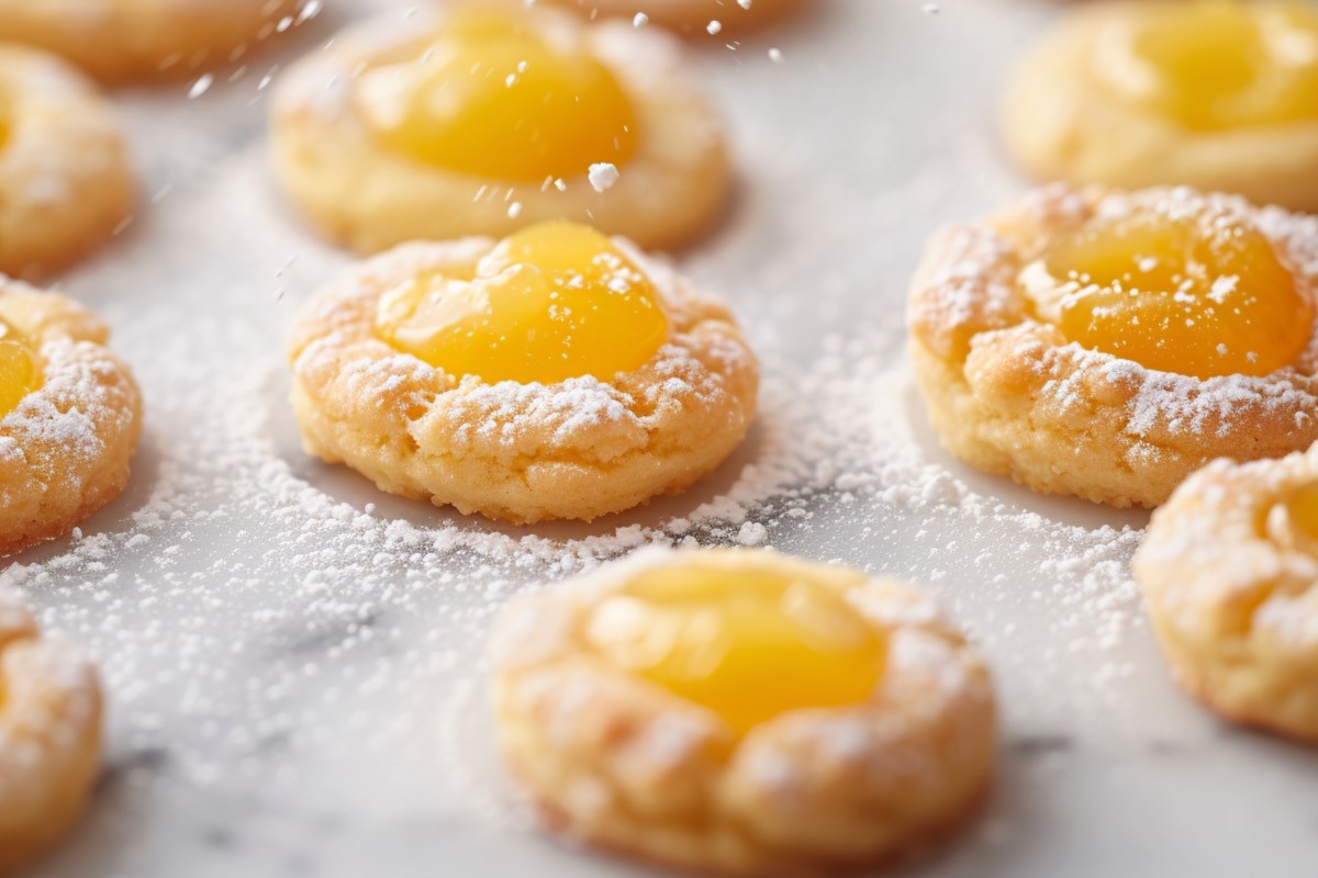 Lemon-Curd-Cookies mit Puderzucker auf Backpapier.