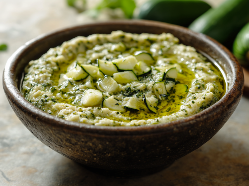 Lib el Kousa: Zucchini-Dip in einer braunen Schüssel.