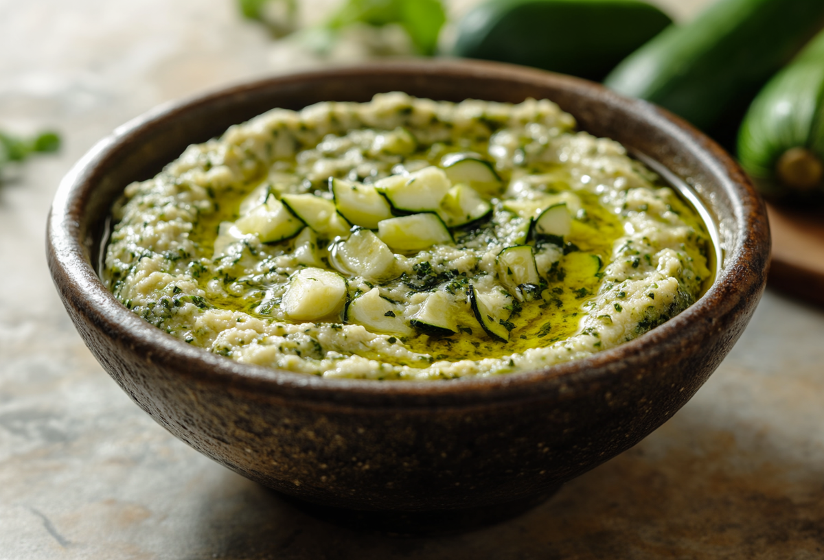 Lib el Kousa: Zucchini-Dip in einer braunen Schüssel.