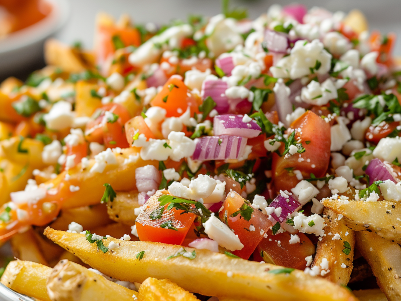 Loaded Fries mit Tomaten und Feta sowie roten Zwiebeln, garniert mit Petersilie, Nahaufnahme.