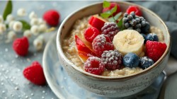 Lupinen-Porridge mit Früchten in einer hellen Schale.