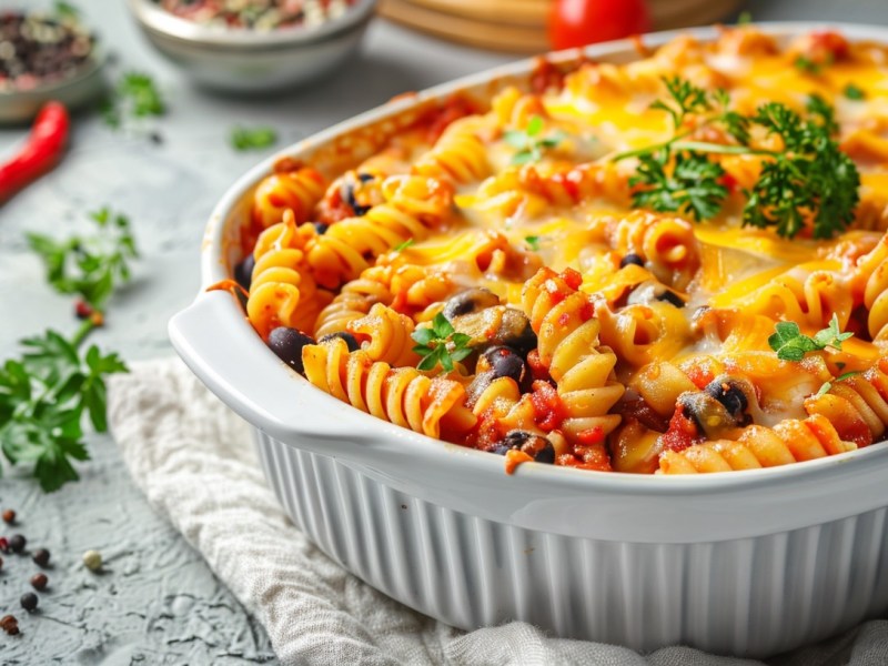 Eine Auflaufform mit mexikanischem Nudelauflauf mit Bohnen und Käse überbacken, garniert mit Kräutern.