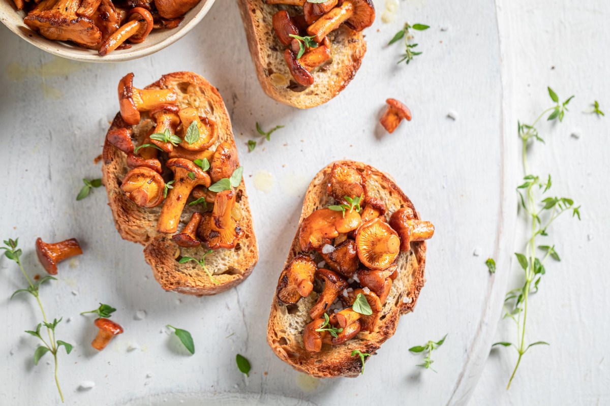 Drei Bruschetta mit Pfifferlingen auf einem Teller