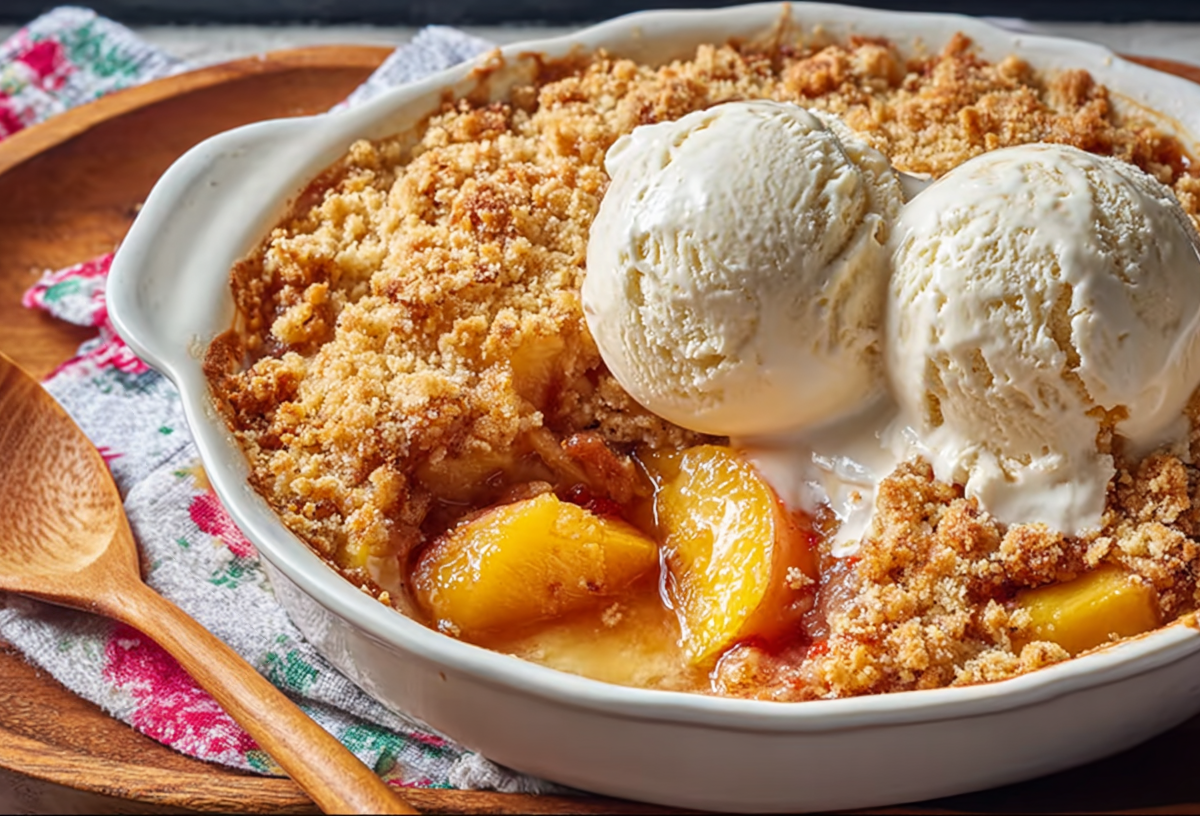 Pfirsich-Crumble in einer ovalen, weißen Auflaufform.