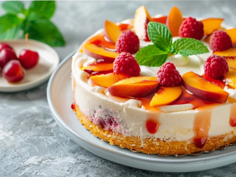 Pfirsich-Melba-Kuchen auf hellem Hintergrund mit Obstdeko.