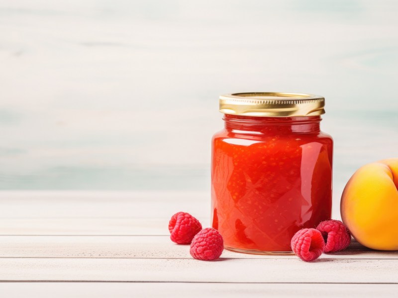 Ein Glas Pfirsich-Melba-Marmelade mit Himbeeren und Pfirsich daneben