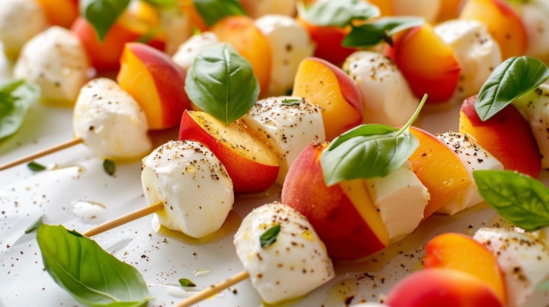 Pfirsich-Mozzarella-SpieÃŸe auf weiÃŸem Teller.