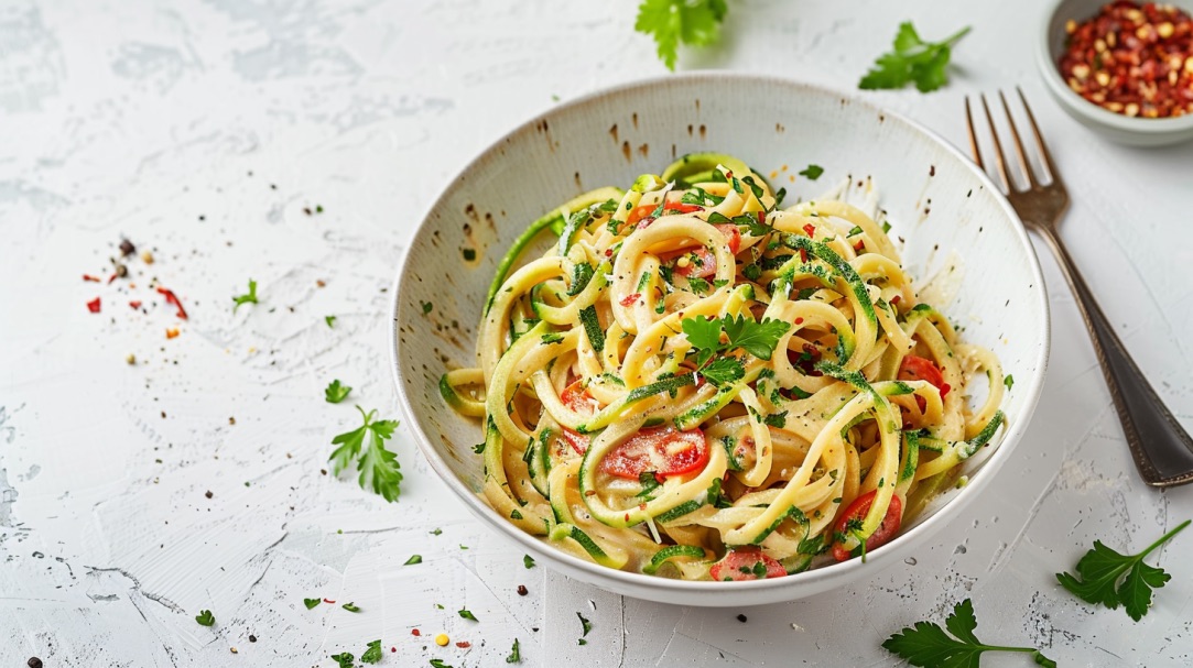 Scharfe Zoodles mit Chili auf hellem Hintergrund.