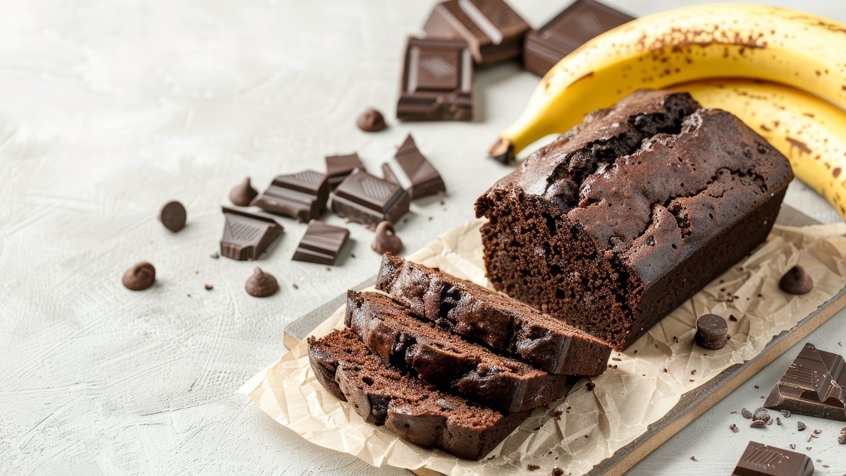 Schoko-Bananen-Kuchen auf hellem Untergrund mit einer Banane und Schokostückchen.