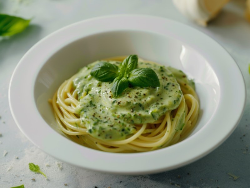 Ein Teller Spaghetti mit Zucchini-Soße.