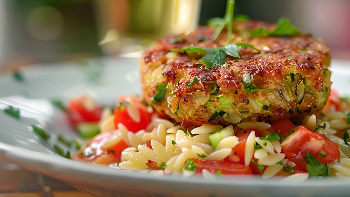 Zucchini-Bratlinge mit Orzo-Tomatensalat auf weißem Teller.