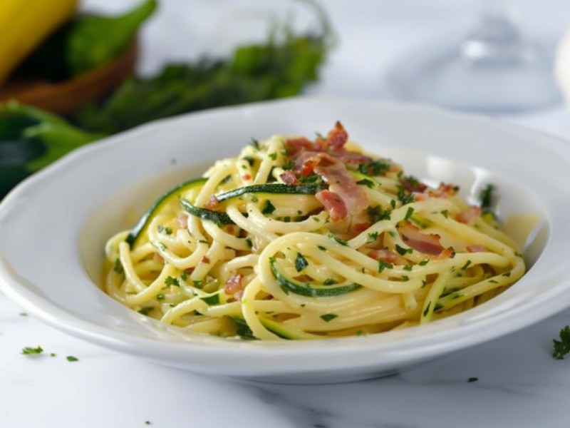 Ein Teller Zucchini-Carbonara.