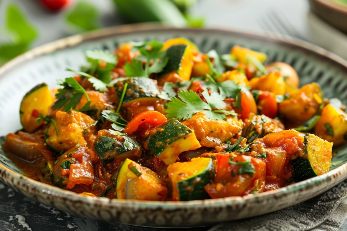 Zucchini-Curry mit Tomaten und Koriander auf Teller.