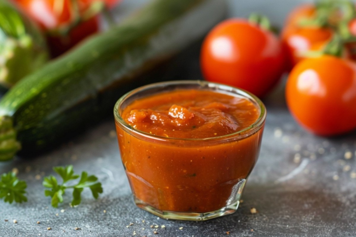 Ein Schälchen Zucchini-Ketchup. Drumherum liegen frische Zutaten.