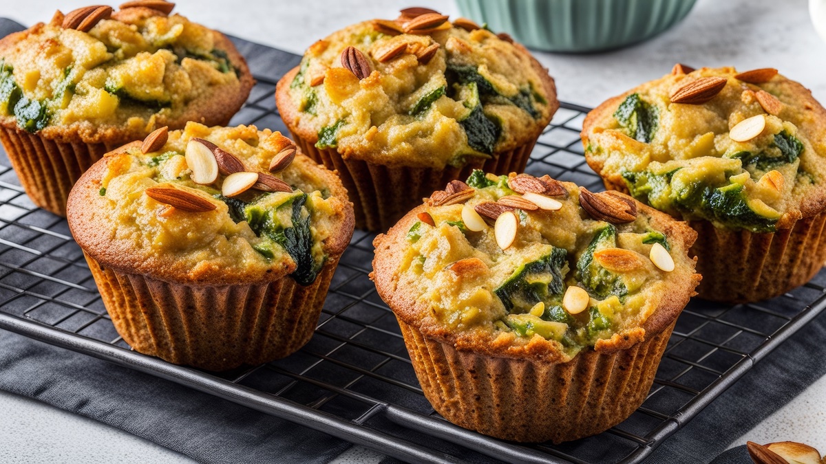 Zucchini-Mandel-Muffins auf einem dunklen Backblech.