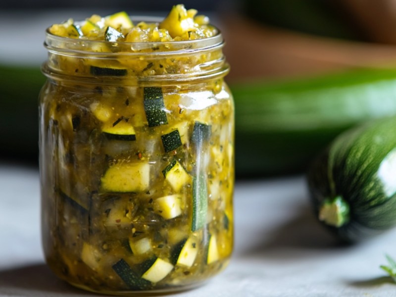 Ein Glas Zucchinirelish. Im Hintergrund sind Zucchini zu sehen.