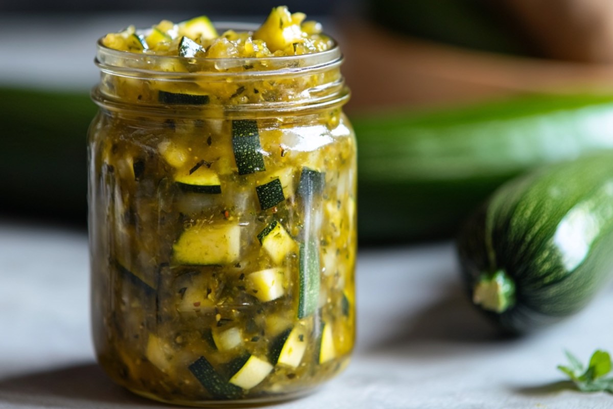 Ein Glas Zucchinirelish. Im Hintergrund sind Zucchini zu sehen.