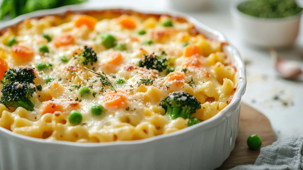 Alfredo-Nudelauflauf mit Brokkoli, Möhren und Erbsen in runder Auflaufform, Nahaufnahme.