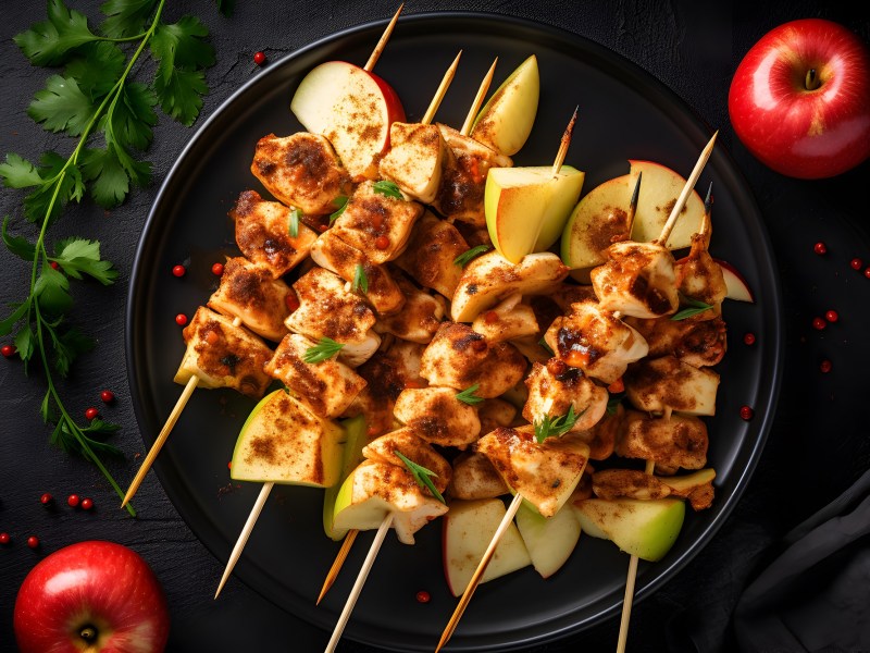 Apfel-HÃ¤hnchen-SpieÃŸe auf einem Teller