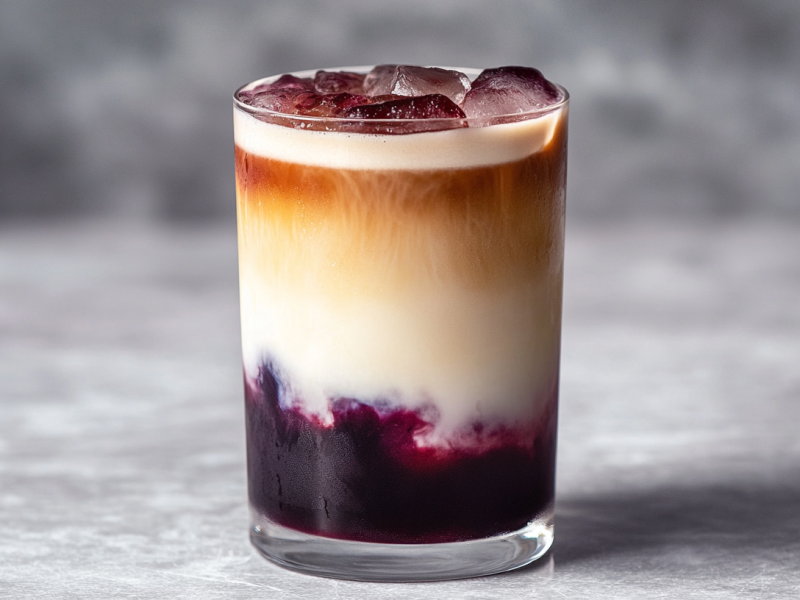 Ein Glas Blueberry Iced Latte auf einem grauen Untergrund.