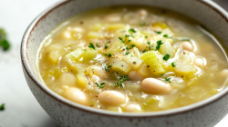 Eine Schüssel Bohnen-Lauch-Suppe in der Nahaufnahme.