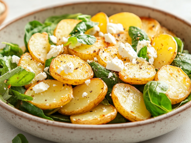 Bratkartoffelsalat mit Feta und Feldsalat in einer SchÃ¼ssel.