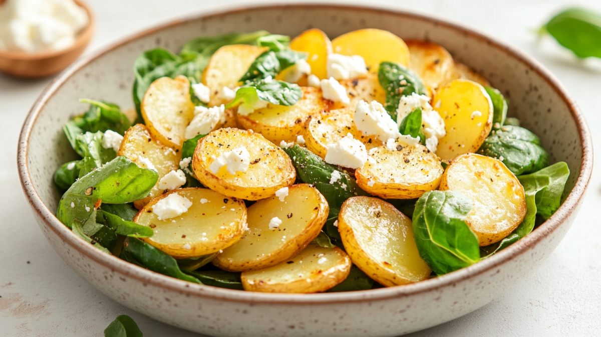 Bratkartoffelsalat mit Feta und Feldsalat in einer SchÃ¼ssel.