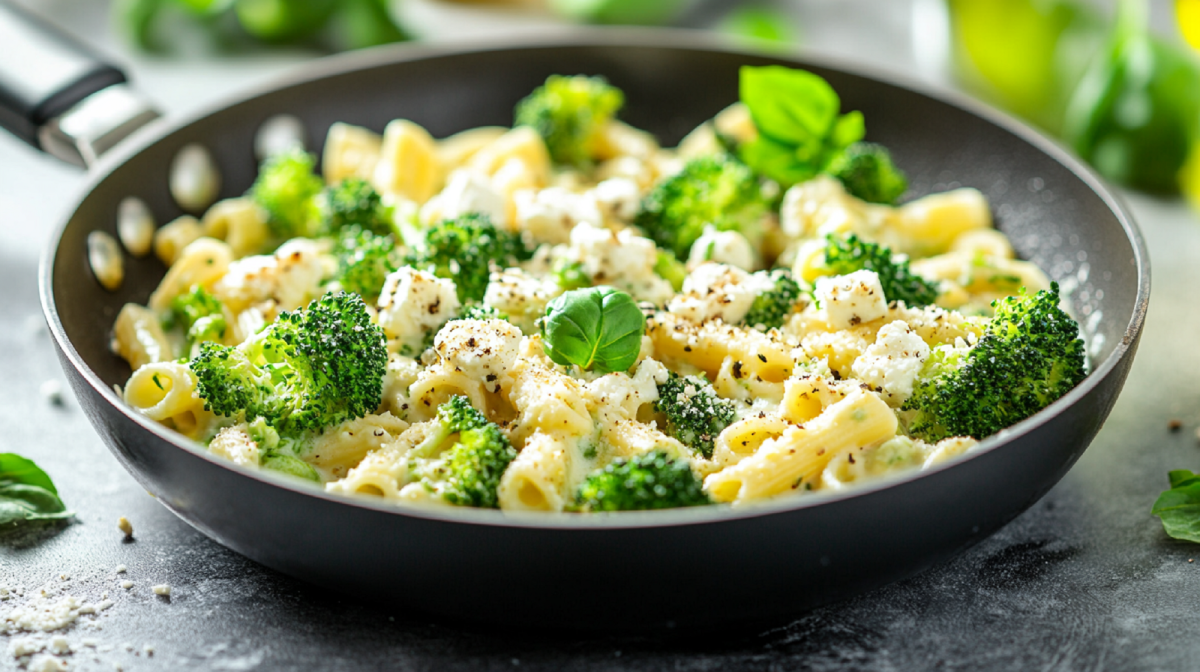 Teller mit Brokkoli-Nudel-Pfanne mit Feta