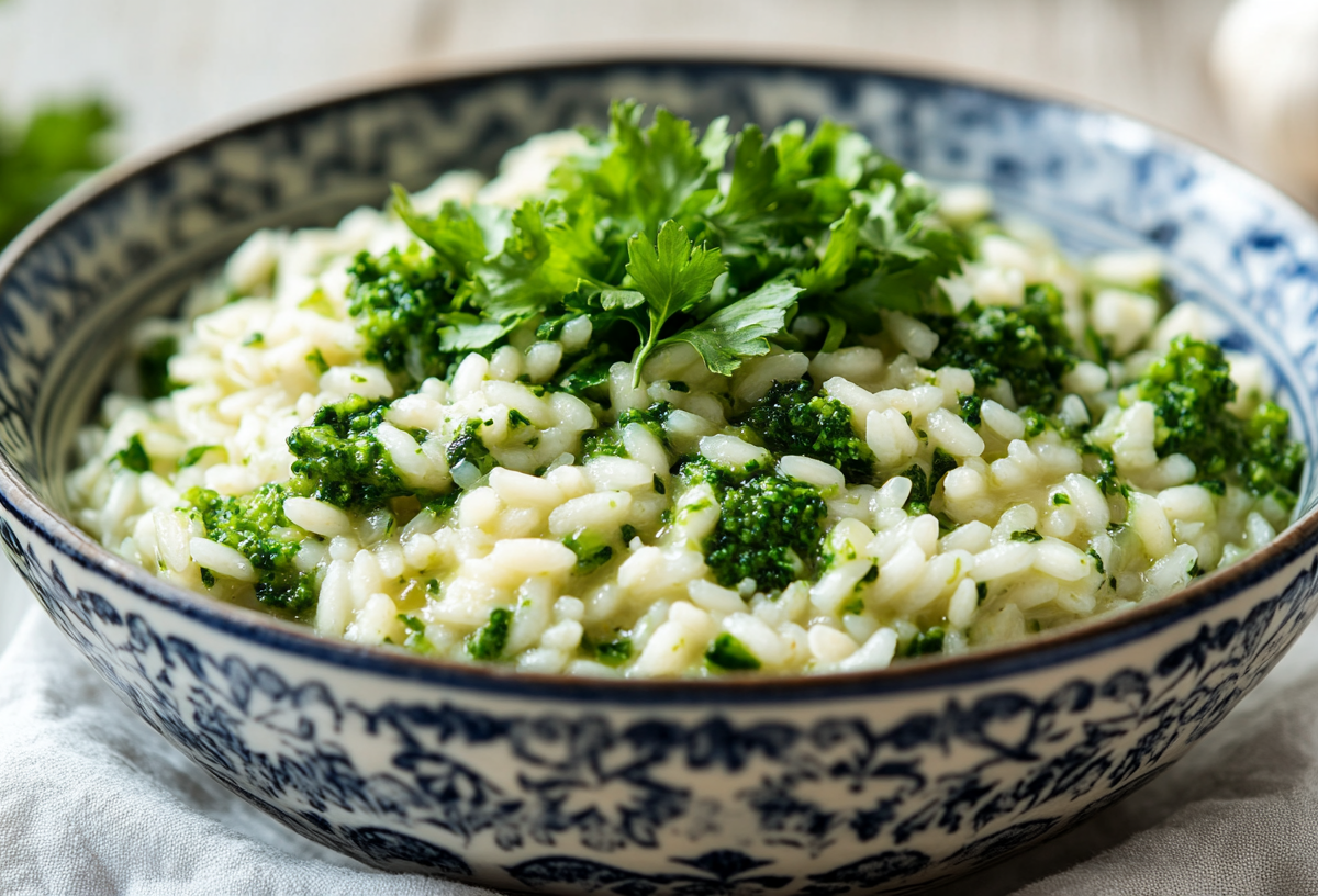 Eine Schale Brokkoli-Risotto mit Pesto und Feldsalat.