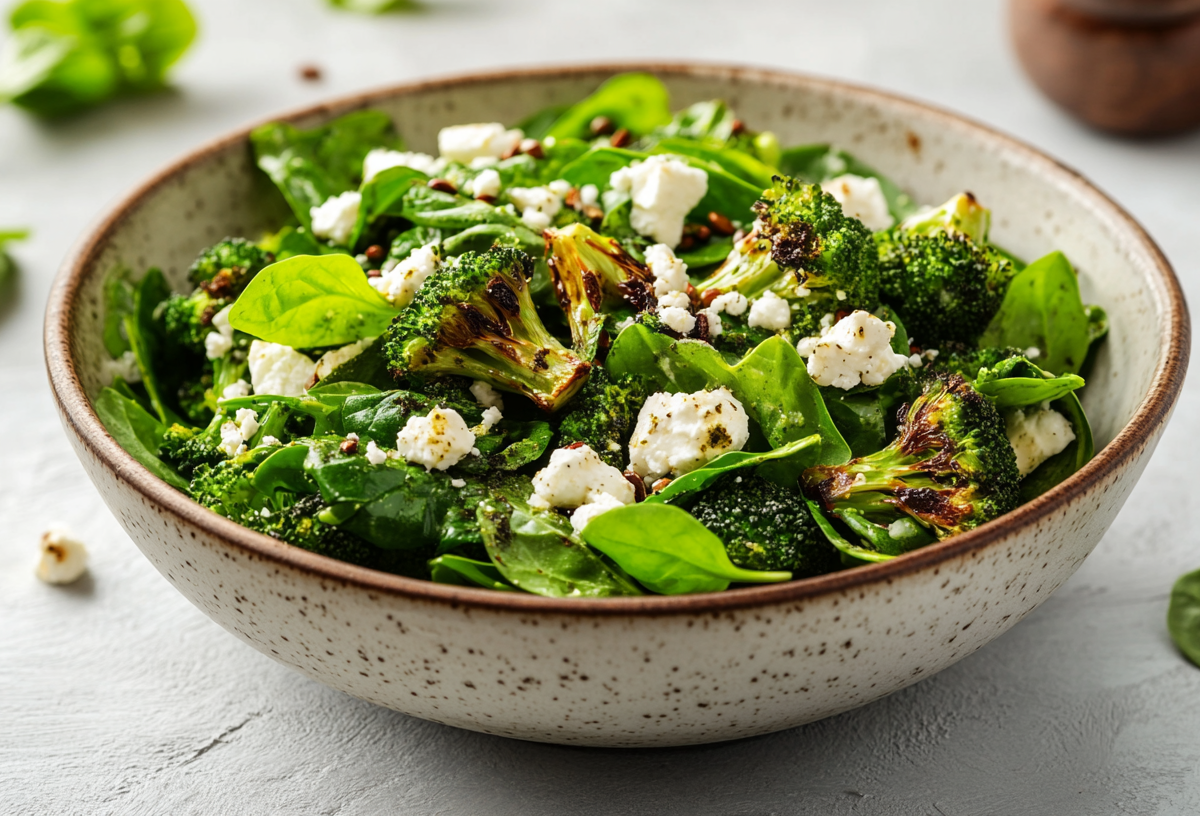 Brokkolisalat mit Feta und Pesto in einer hellen Schüssel.