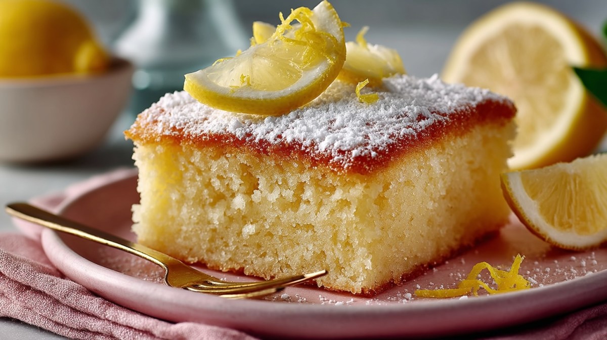 ein Stück Buttermilchkuchen mit Zitrone auf einem Teller, garniert mit Puderzucker.