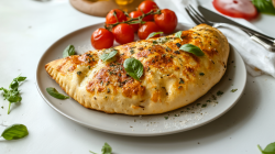 Calzone auf einem Teller, daneben liegen gebackene Krirschtomaten.