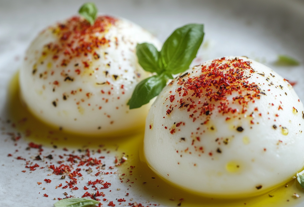 Caprese mit gefrorenen Tomaten: 2 Mozzarella-Kugeln auf einem Tellern, garniert mit Öl, Salz, Pfeffer und geriebenen, gefrorenen Tomaten.